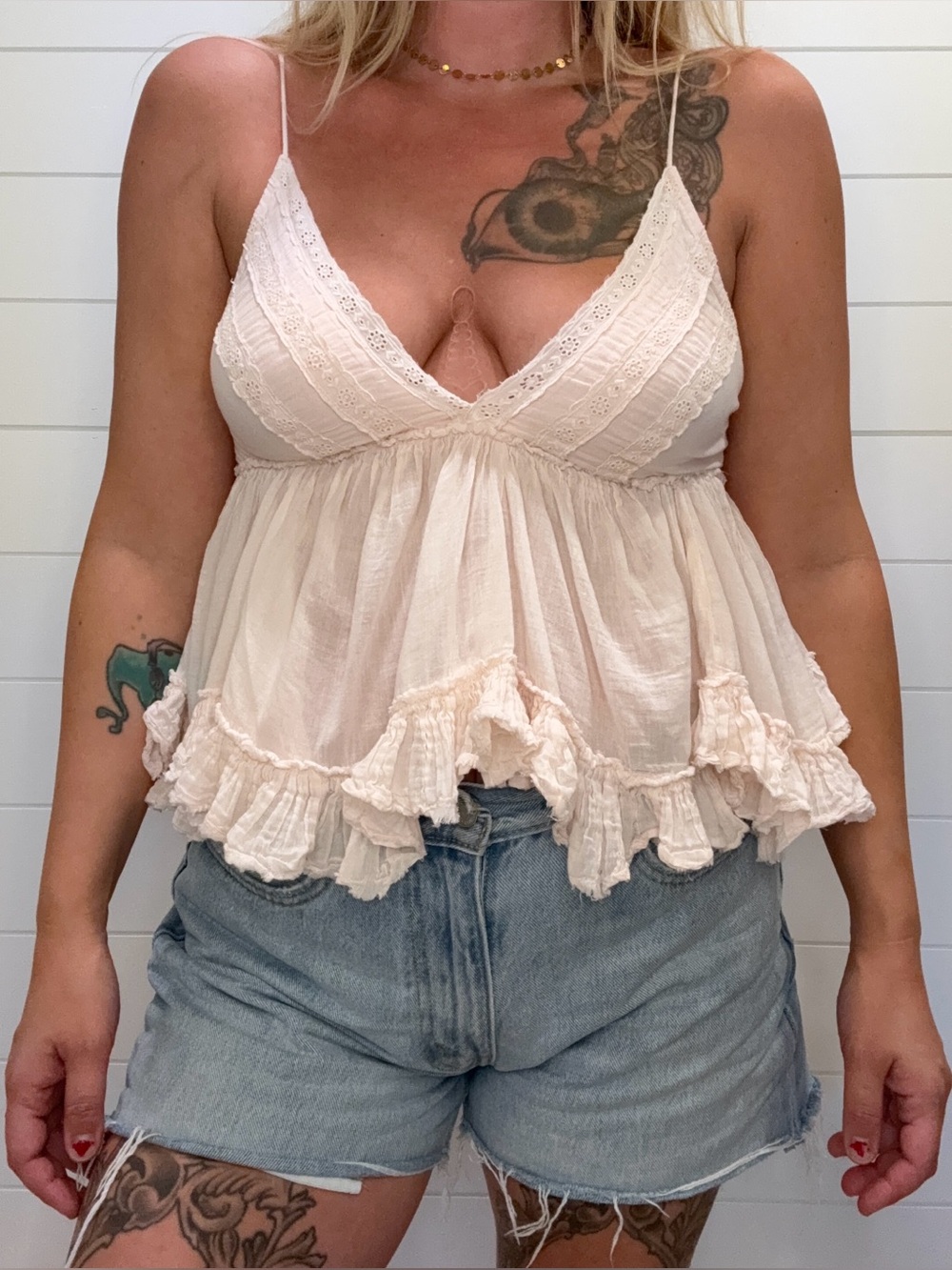 Blush Cream Ruffled Lace-Trim Spaghetti Strap Camisole